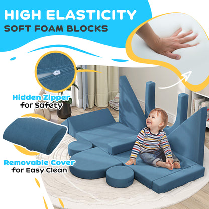 Qaba 12-Piece Modular Kids Play Couch Building Fort for Playroom Bedroom, Convertible Kids Sofa, Blue