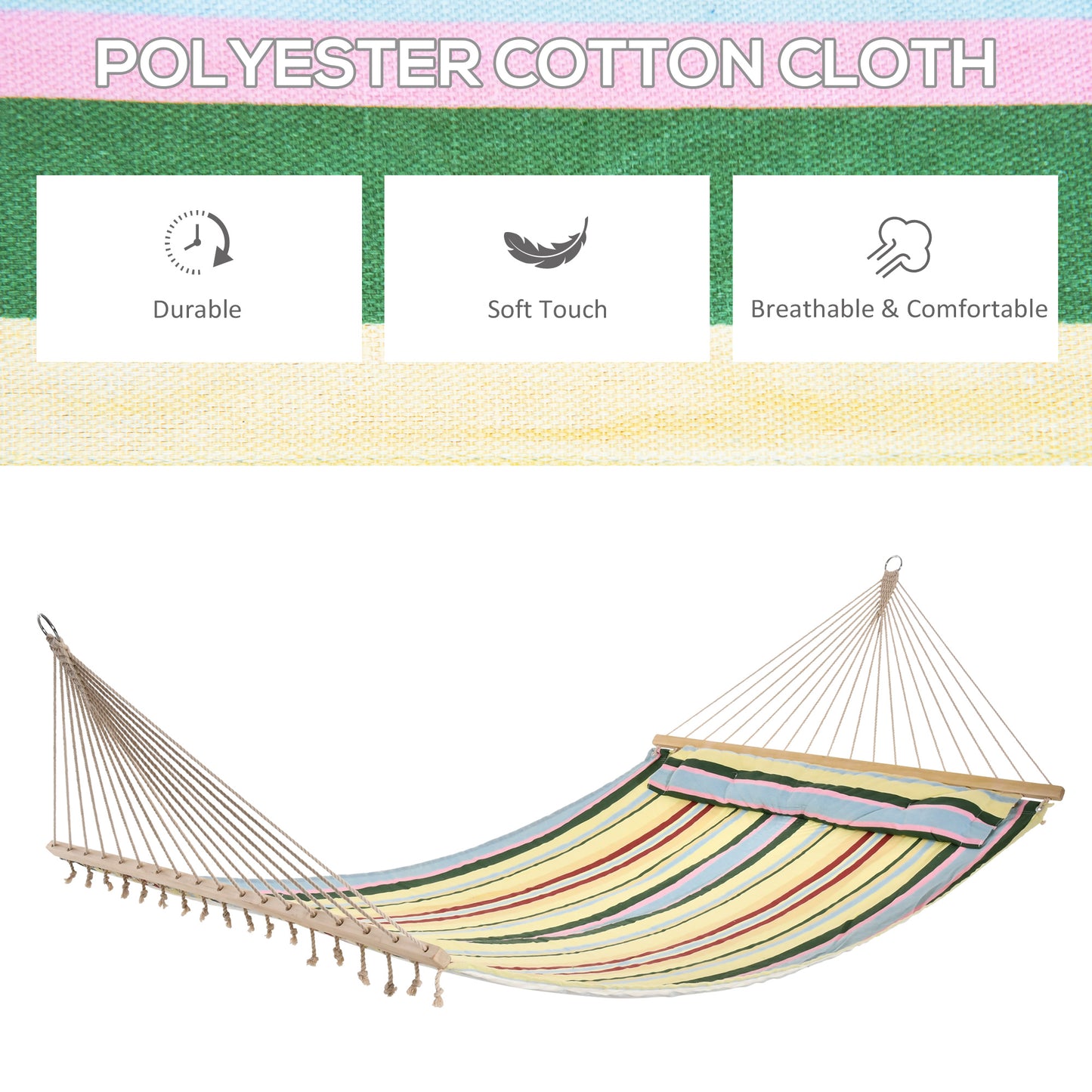 83" Patio Double Hammock, Wide Outdoor Hammock Bed Striped Fits 2 People Sunbed Camping hang Sleep w/ Pillow, Red Stripe