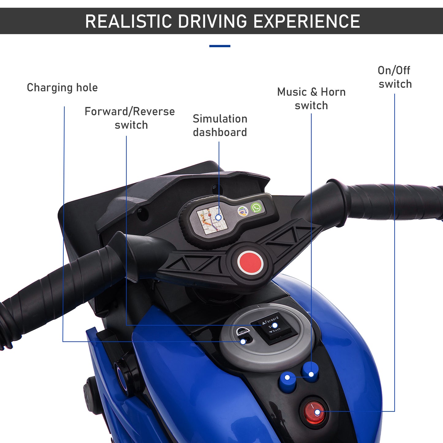 Aosom Kids Electric Pedal Motorcycle Ride-On Toy 6V Battery Powered w/ Music Horn Headlights Motorbike for Girls Boy Blue