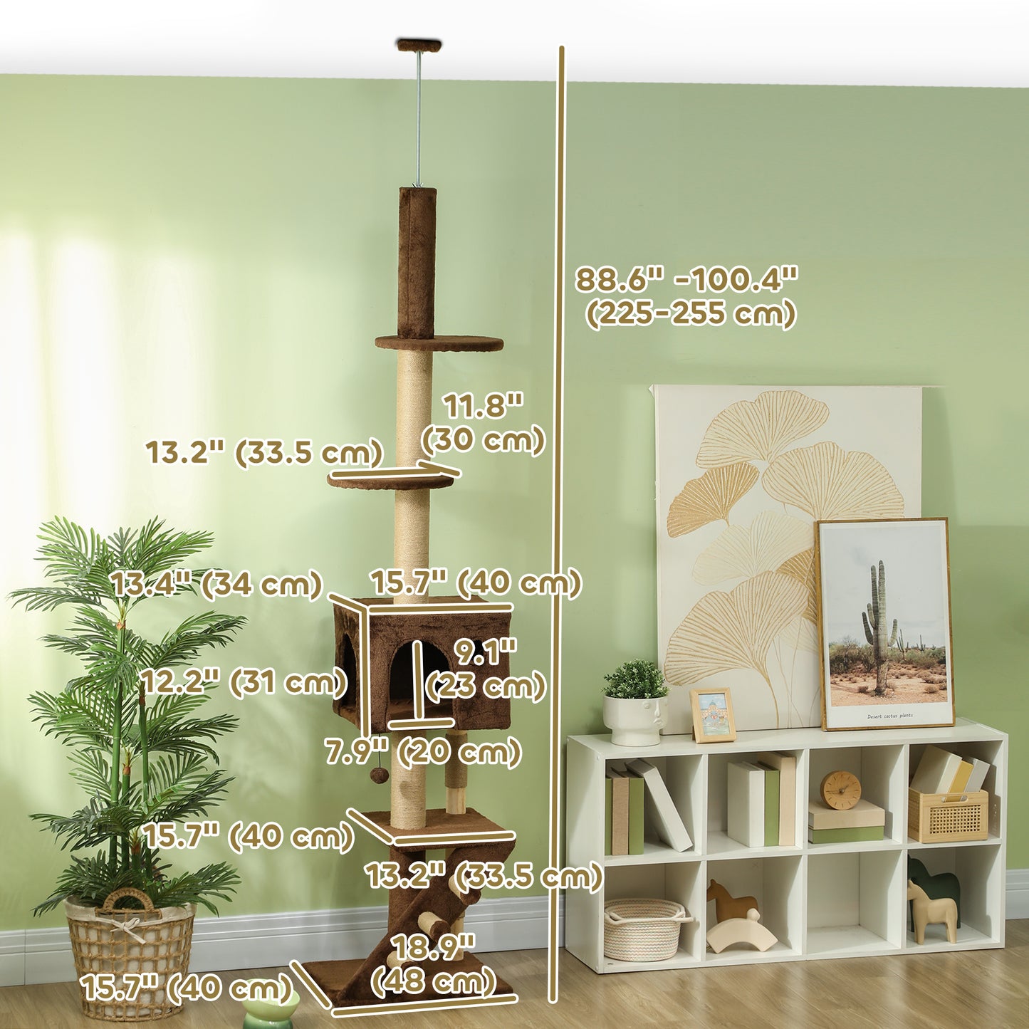 89"-100" Floor to Ceiling Cat Tree with Scratching Post, Cat House, 3-Steps, Hanging Ball, Perches, Anti-tip Kit, Brown