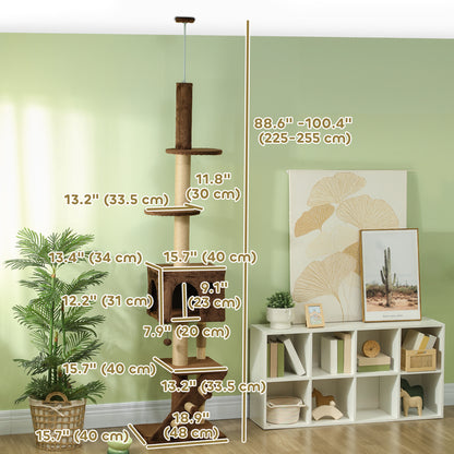 89"-100" Floor to Ceiling Cat Tree with Scratching Post, Cat House, 3-Steps, Hanging Ball, Perches, Anti-tip Kit, Brown