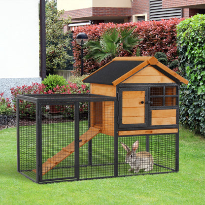 Rabbit Hutch Outdoor, 48"L Large Wooden Bunny Cage with Run, Bite-Resistant Metal Frame, Removable Plastic Tray, Asphalt Roof, Ramp, Guinea Pig Cage for 1-2 Rabbits, Yellow