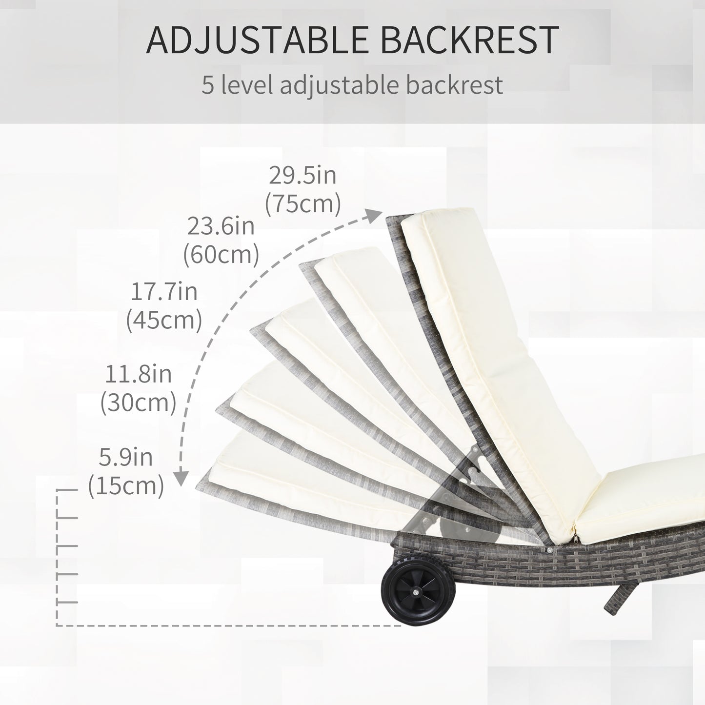 Outdoor Adjustable Wicker Chaise Lounge Chair with Cushion & Wheels for Patio, Deck, Poolside, Cream White