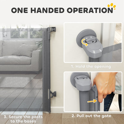 Retractable Dog Gate, 36.6" Tall, Extends to 55" Wide, Mesh Pet Gate with Single Hand Operation, for Stairs, Doorways