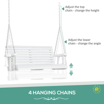 2 Seater Porch Swing Wooden Patio Swing Chair Seat with Cup Holder and Chains Outdoor Swing Bench for Garden Yard, White