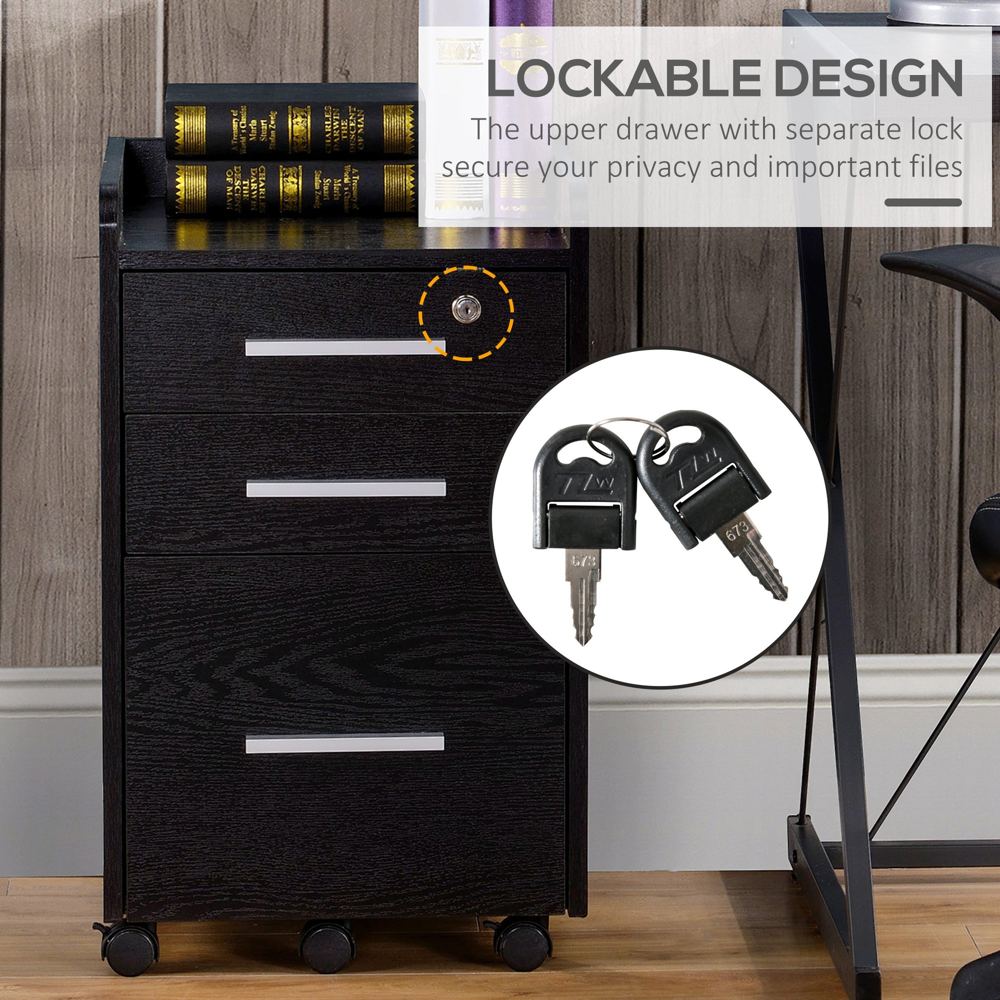 3 Drawer File Cabinet with Lock and Edged Top, Lockable Filing Cabinet on Wheels for Letter and A4 Size, Black
