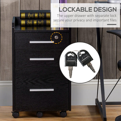 3 Drawer File Cabinet with Lock and Edged Top, Lockable Filing Cabinet on Wheels for Letter and A4 Size, Black