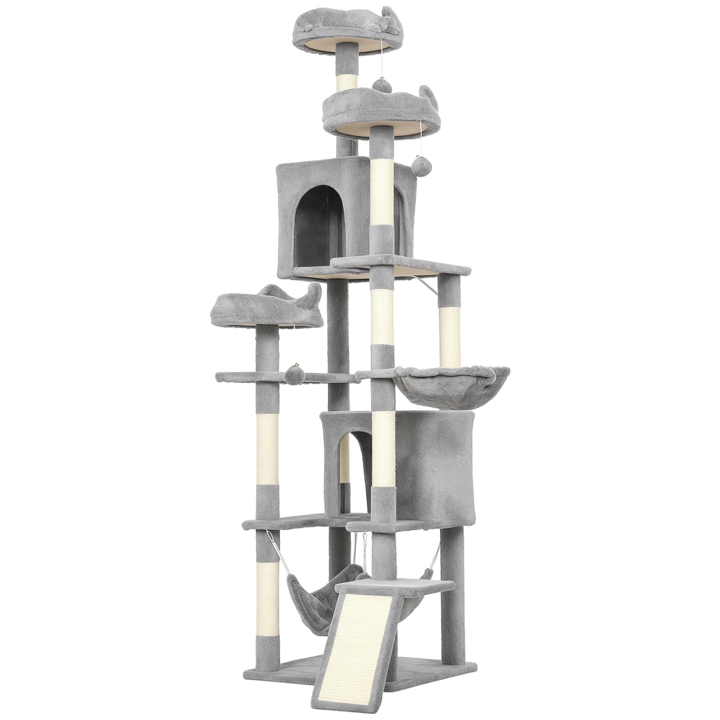 76" Large Cat Tree for Indoor Cats with 8 Scratching Posts, 3 Plush Beds, 2 Hammocks, 2 Large Condos, Ramp, Light Grey