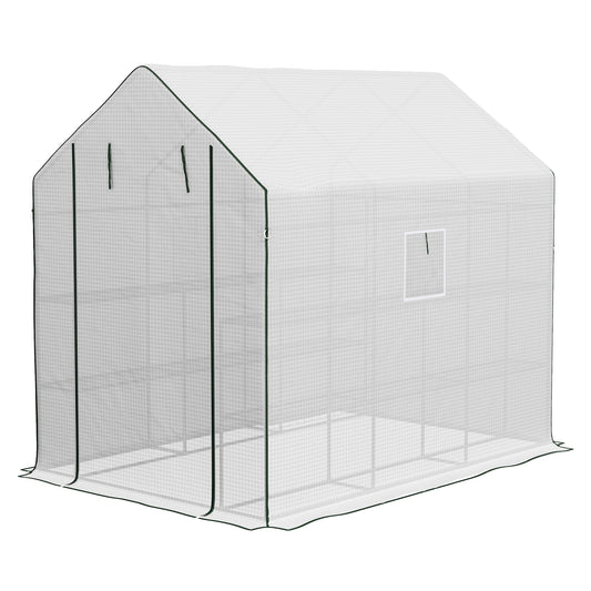 Walk-in Greenhouse with 3 Tier, Garden Plant Growhouse with Roll-up Door and Mesh Windows, 140 x 213 x 190 cm, White