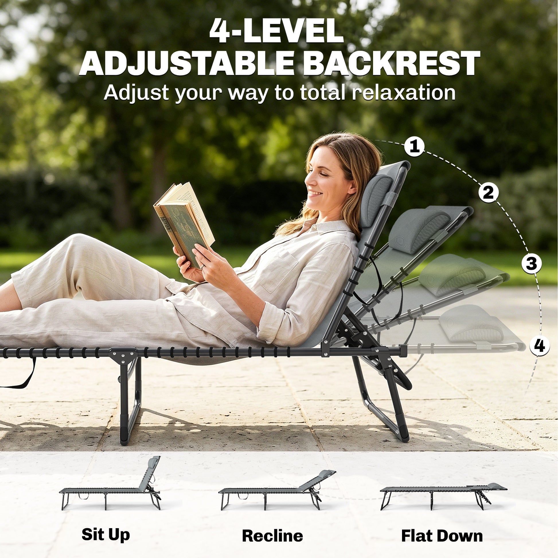 Folding Lounge Chair, Adjustable Chaise Lounge with Headrest, Reclining Lounger Cot for Camping, Hiking, Light Grey