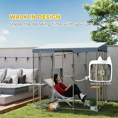 79" L Galvanized Steel Catio Outdoor Cat Enclosure w/ 420D Waterproof Canopy, Multiple Platforms, Resting Condo, Silver