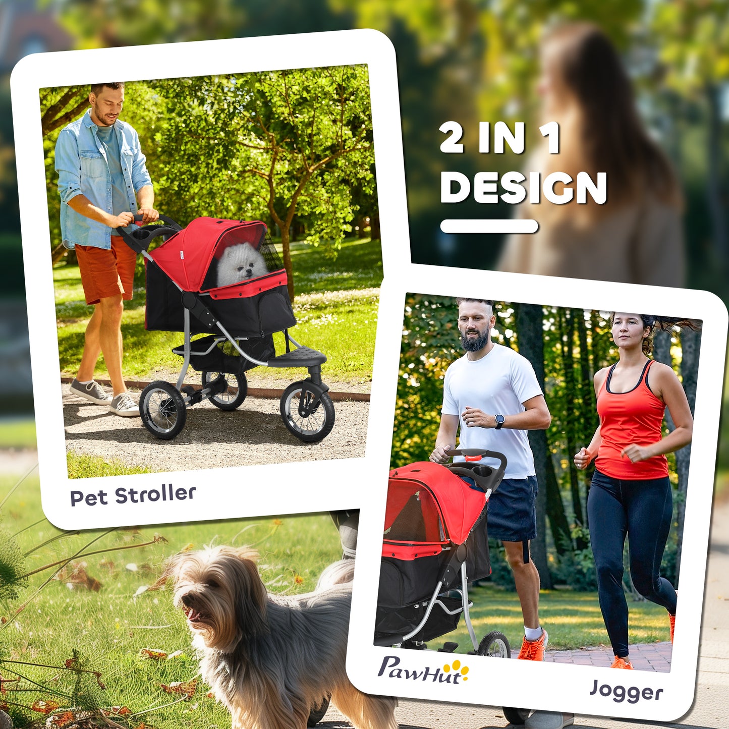 Pet Stroller for Small Dogs, 3 Rubber Wheels Pet Jogger, One-click Easy Folding All-Terrain Dog Stroller, Adjustable Canopy, Zippered Mesh Window Door, Storage Basket, Red
