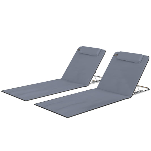 2 Pieces Beach Lounge Chair, Outdoor Folding Chaise Lounge Set w/ Pillow for Sunbath, Snap, Grey