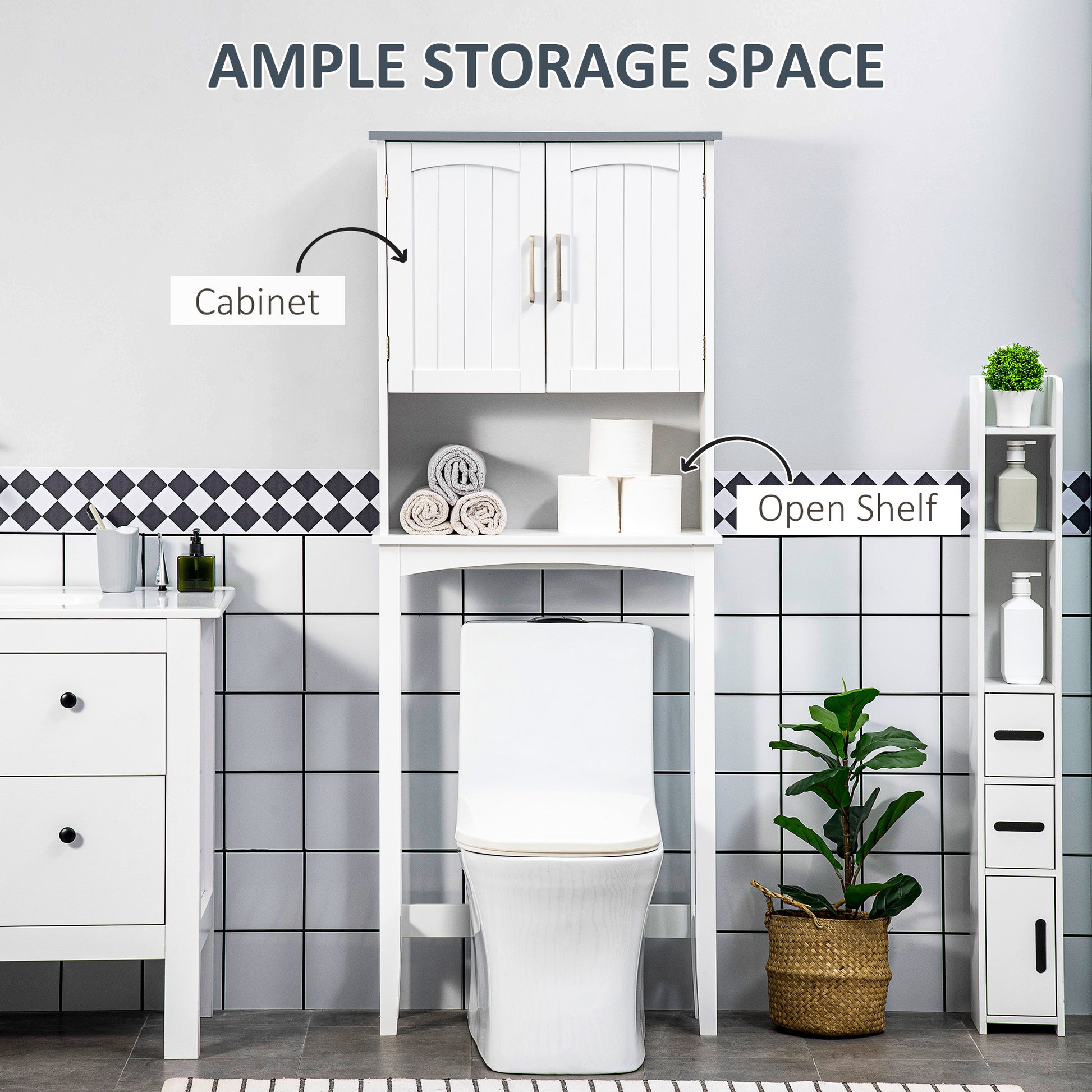 Modern Over The Toilet Storage Cabinet, Double Door Over Toilet Bathroom Organizer with Adjustable Shelf and Open Shelf, Space Saver, White