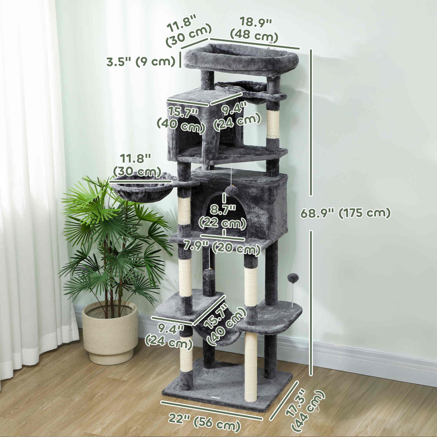 69" Cat Tree, Multi-Level Cat Tower with 2 Condos, Plush Perch and Sisal Scratching Posts, Dark Grey