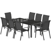 9 Pieces Patio Set with Stackable Chairs, Patio Dining Set with Glass Top for Garden, Patio, Backyard, Black
