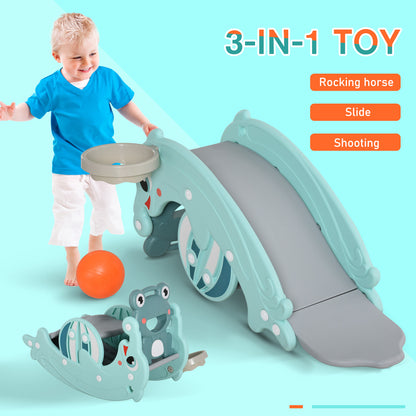 Qaba 3-in-1 Kids Slide And Rocking Horse Dual-Use Children Activity Equipment Portable Slide Indoor Outdoor Playground Toy W/ Basketball Hoop Toddler Birthday Gift, Age 1.5-3, Green