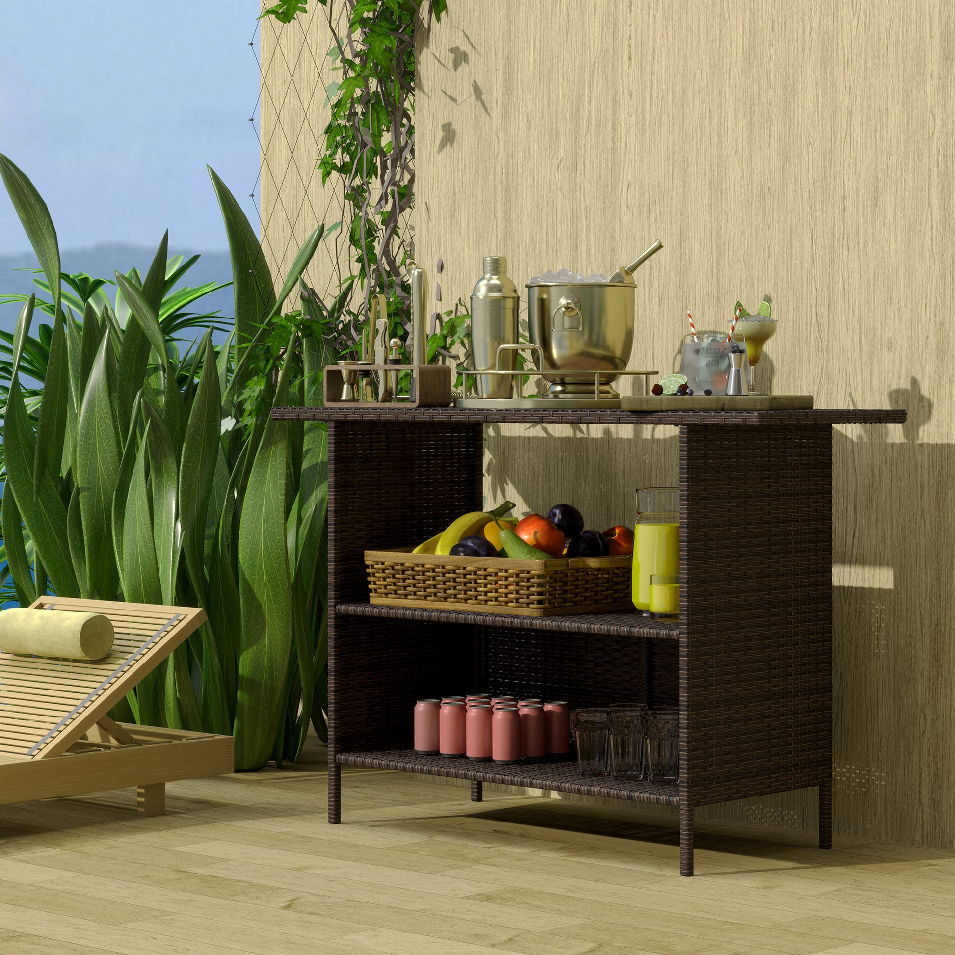 Wicker Outdoor Bar Table, PE Rattan Bar Height Patio Table with 2 Shelves, Steel Frame for Garden, Backyard, Dark Brown