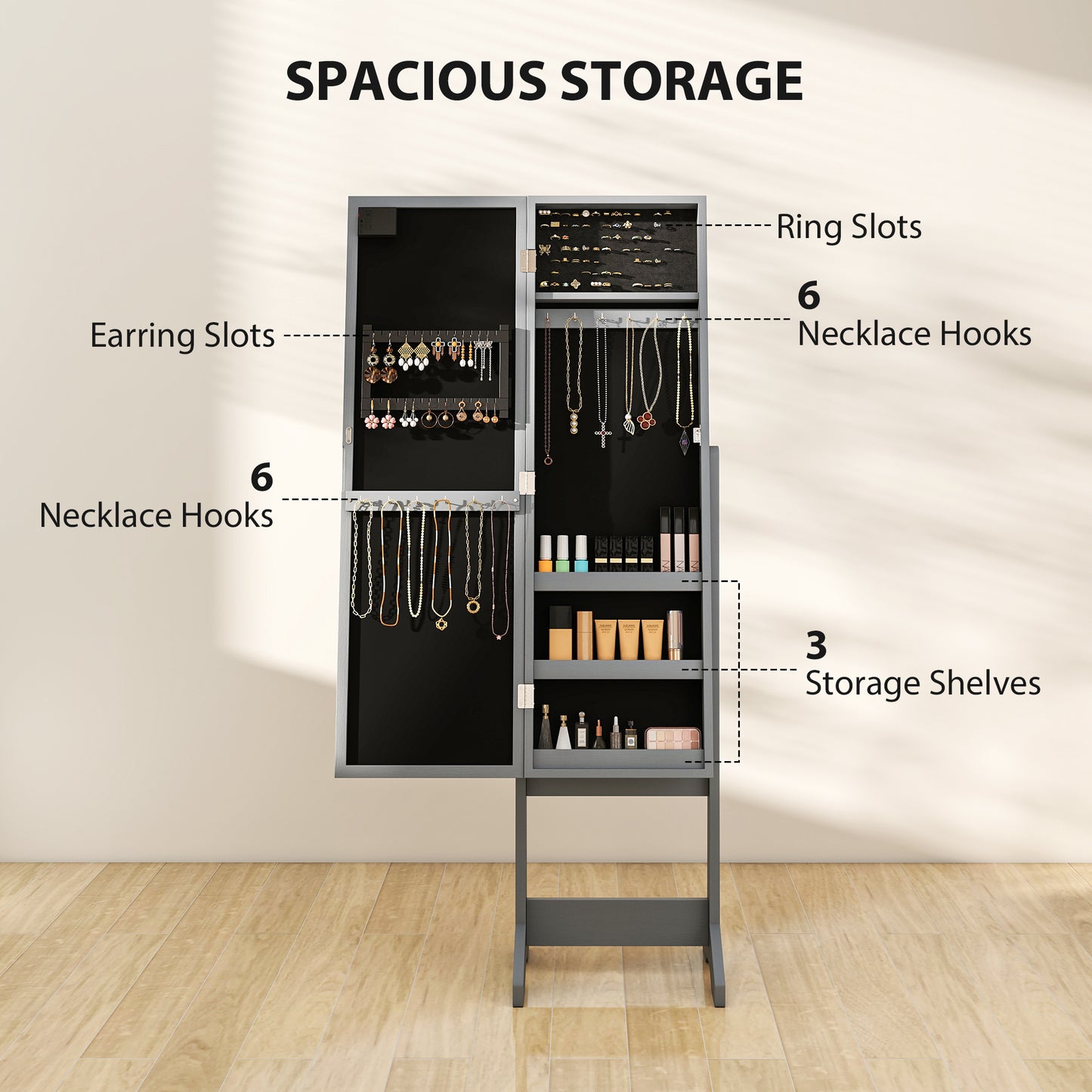 Free Standing Armoire Organizer, Lighted Mirrored Jewelry Cabinet w/ Angle Adjustable & 16 LED Lights, Grey