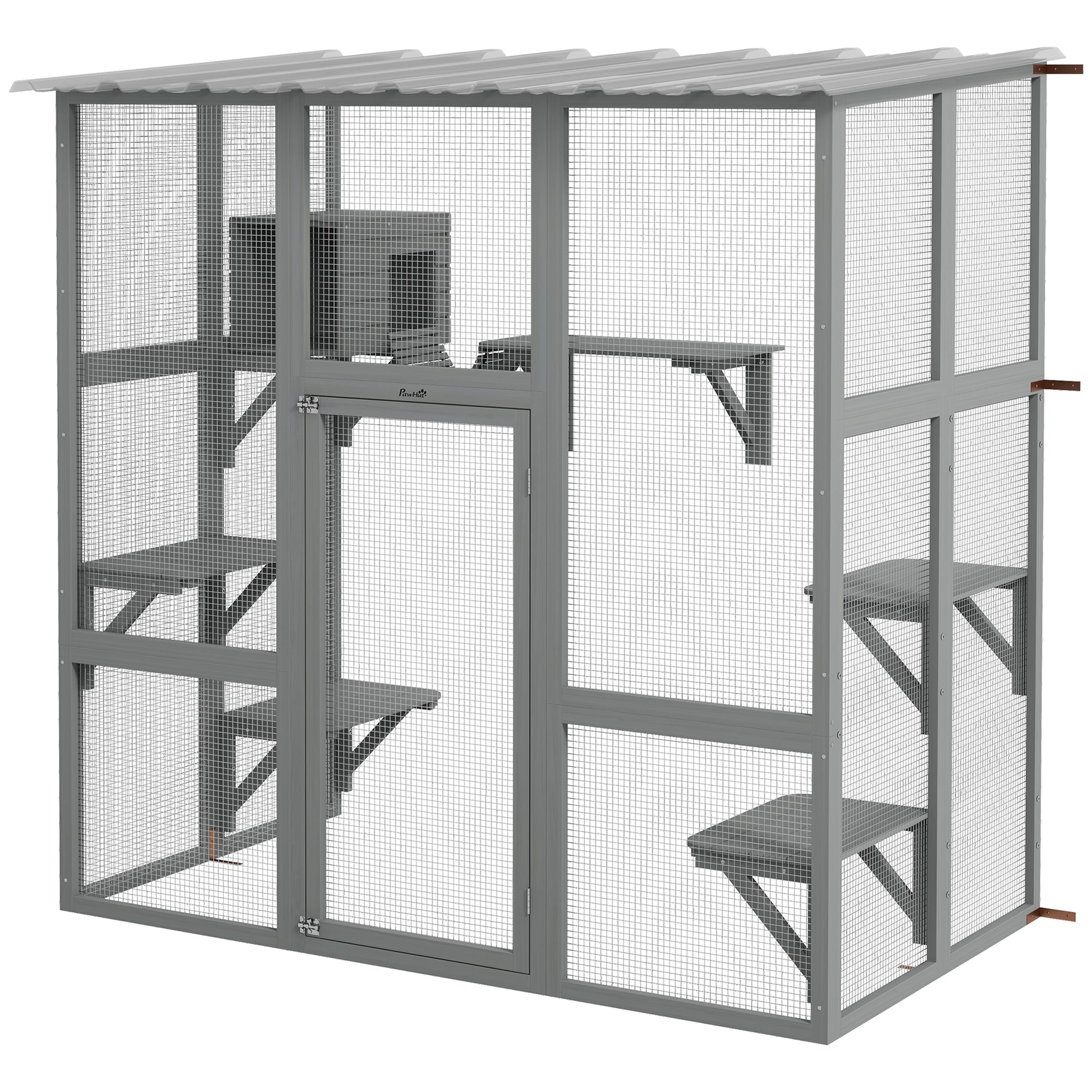 Large Outdoor Catio with Weatherproof Roof, Bridge, Resting Box, Platforms, Grey