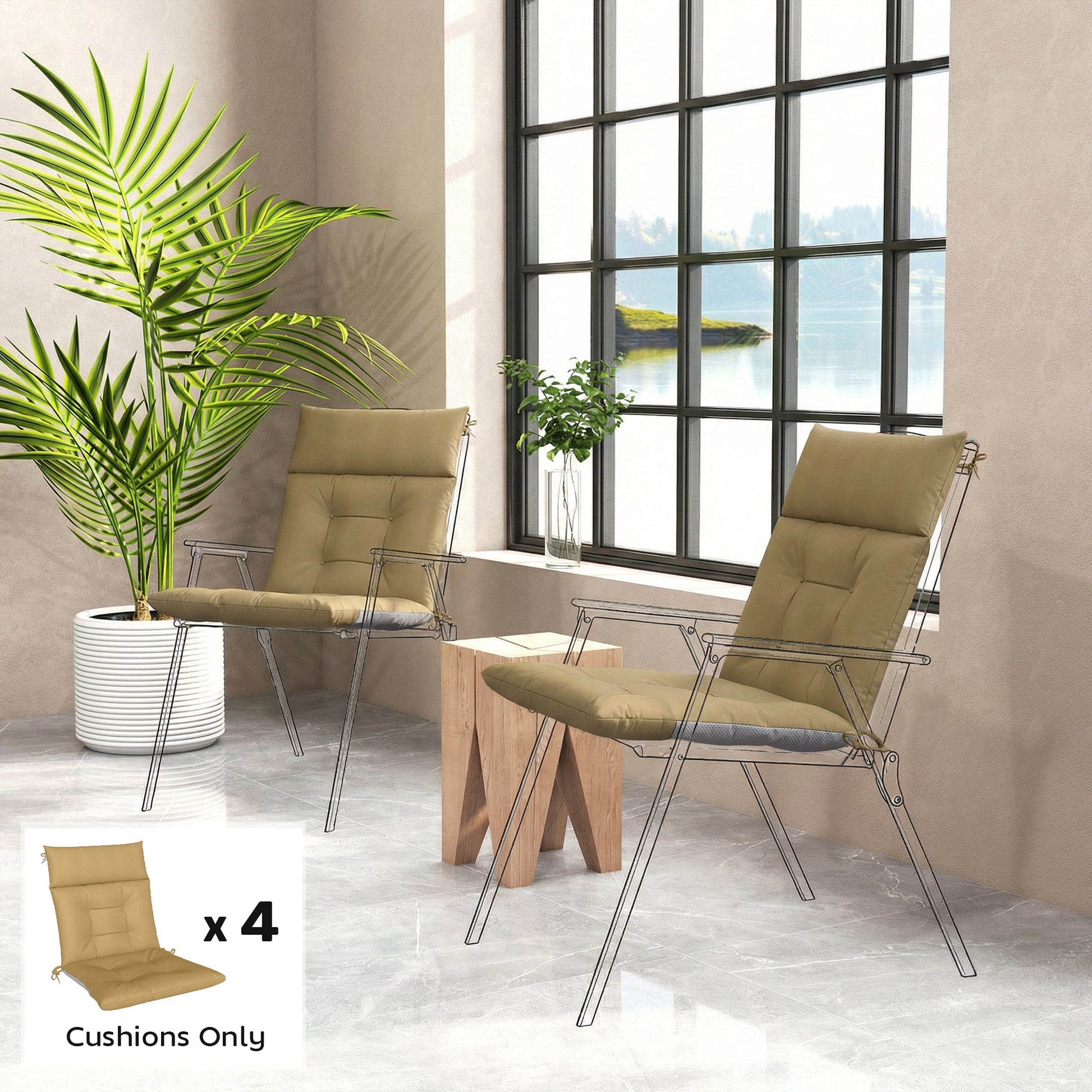 Patio Chair Cushions Set of 4, Waterproof Non-Slip Lounge Chair Cushions, 44"x21", Khaki