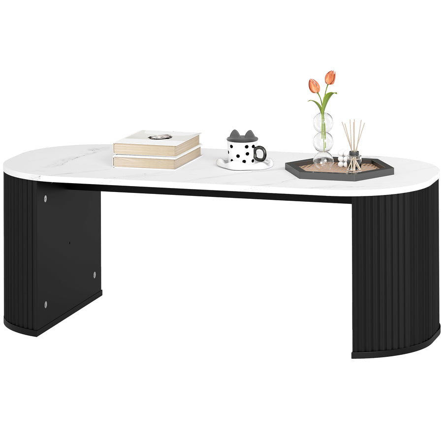 Coffee Table, Modern Marble-Effect Living Room Table with Round Corners and Thicken Legs, Black