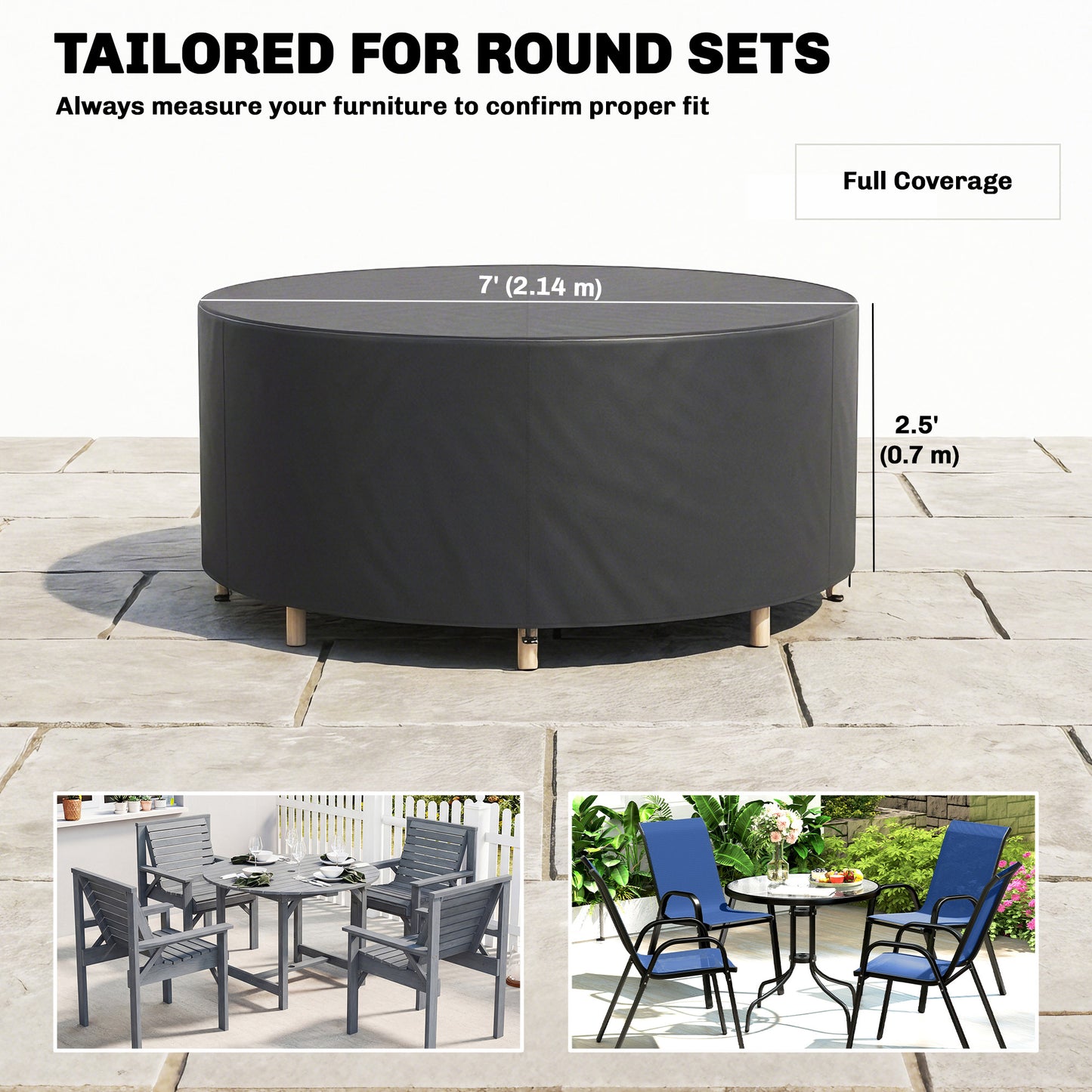 Heavy Duty Outdoor Patio Furniture Cover, Waterproof Round Table Cover for Weather Protection 84.3" Dia. x 27.6"H, Black