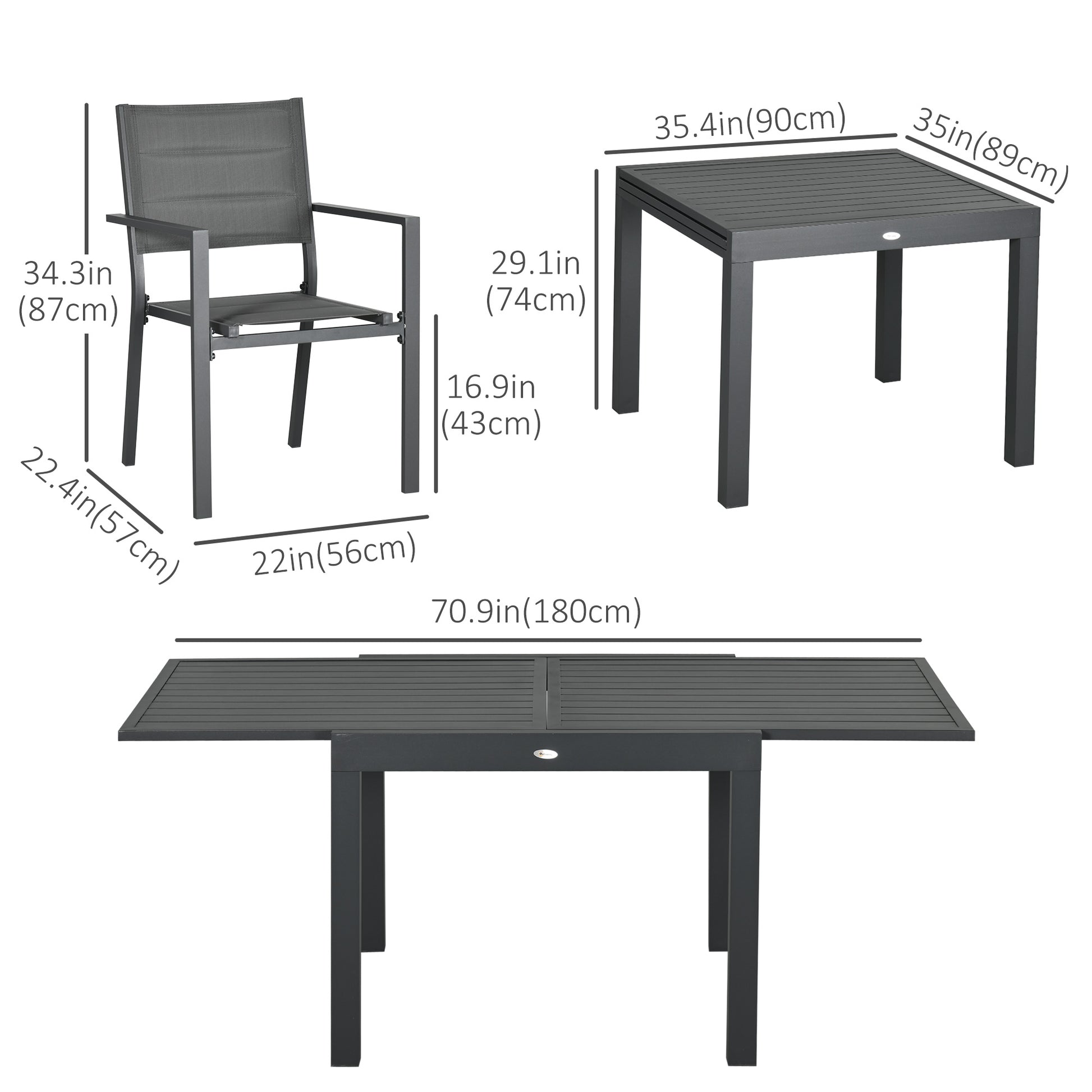 Patio Dining Set for 6, Aluminum Expandable Outdoor Table and 6 Stackable Chairs with Padded Back, Mesh Seat, Dark Grey