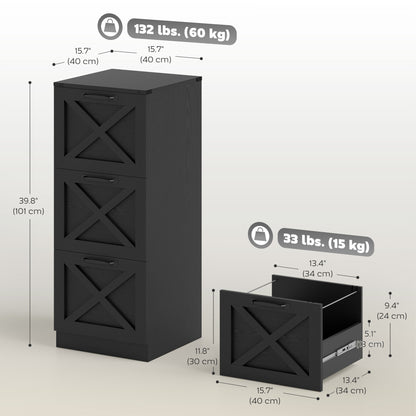 3 Drawer File Cabinet with Silent Slides, Vertical Farmhouse Filing Cabinet Fits Letter/A4 Size Home Office, Black