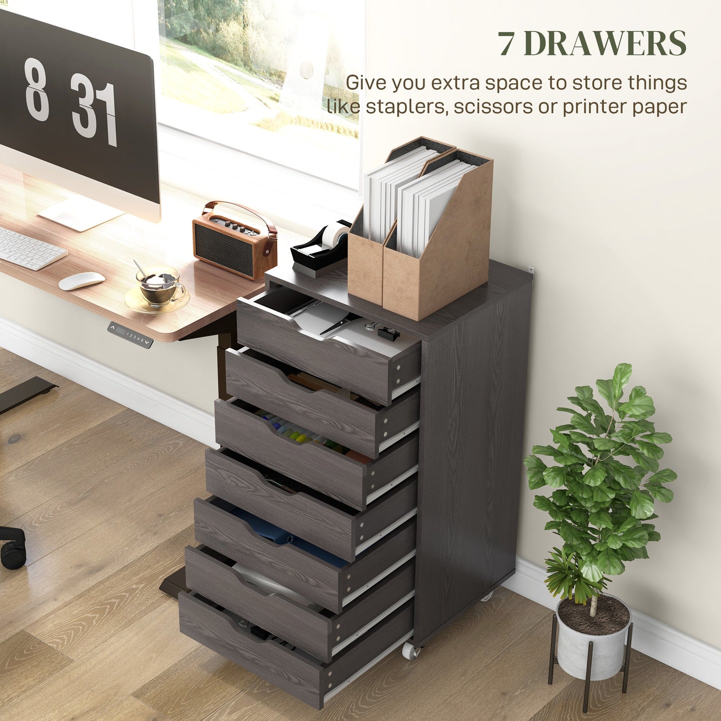 7-drawer Vertical File Cabinet for Home Office, Storage Cabinet with Wheels, 18.7"x15.6"x35.4", Grey Wood Grain