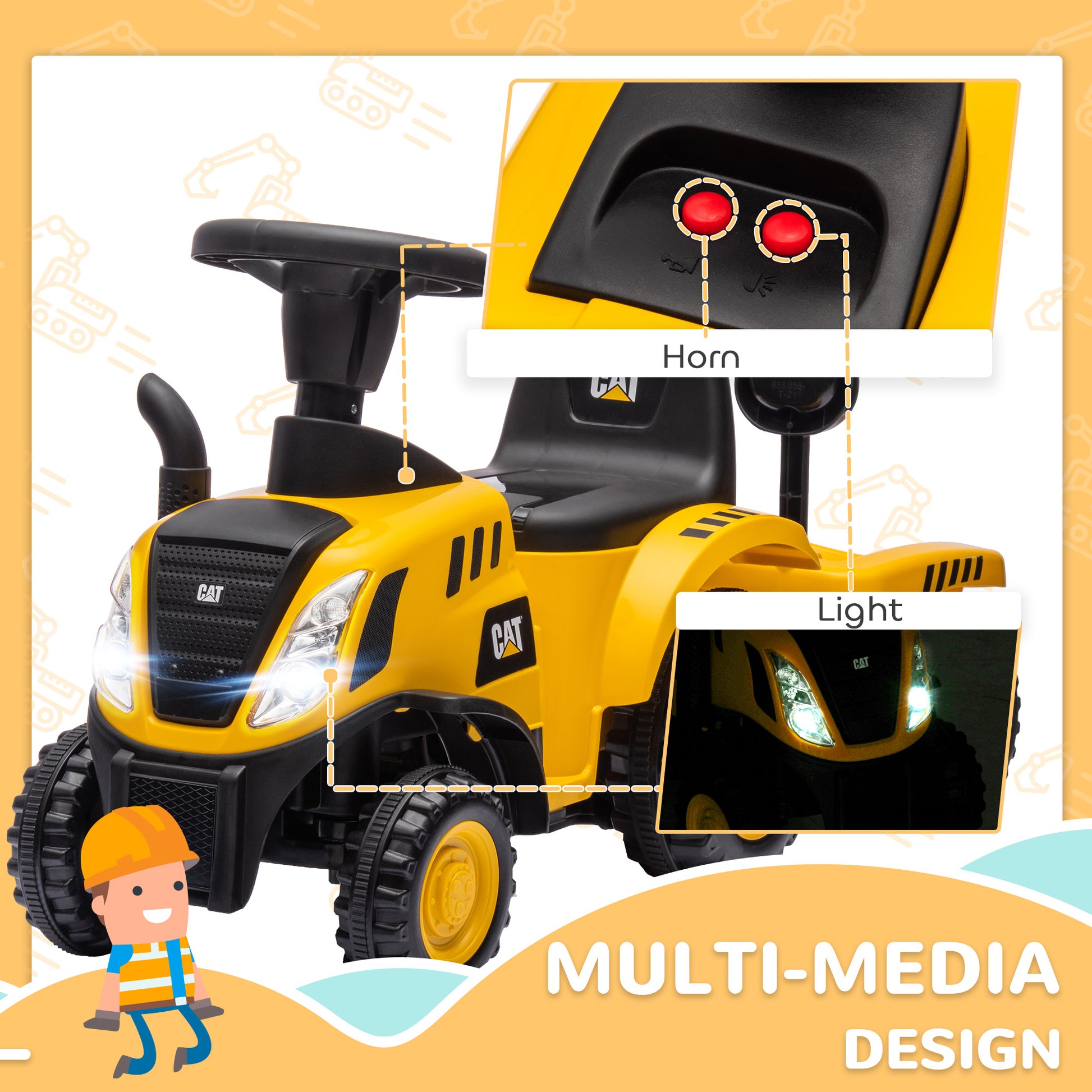 Qaba Caterpillar Licensed No Power Ride On Tractor with Shovel, Trailer