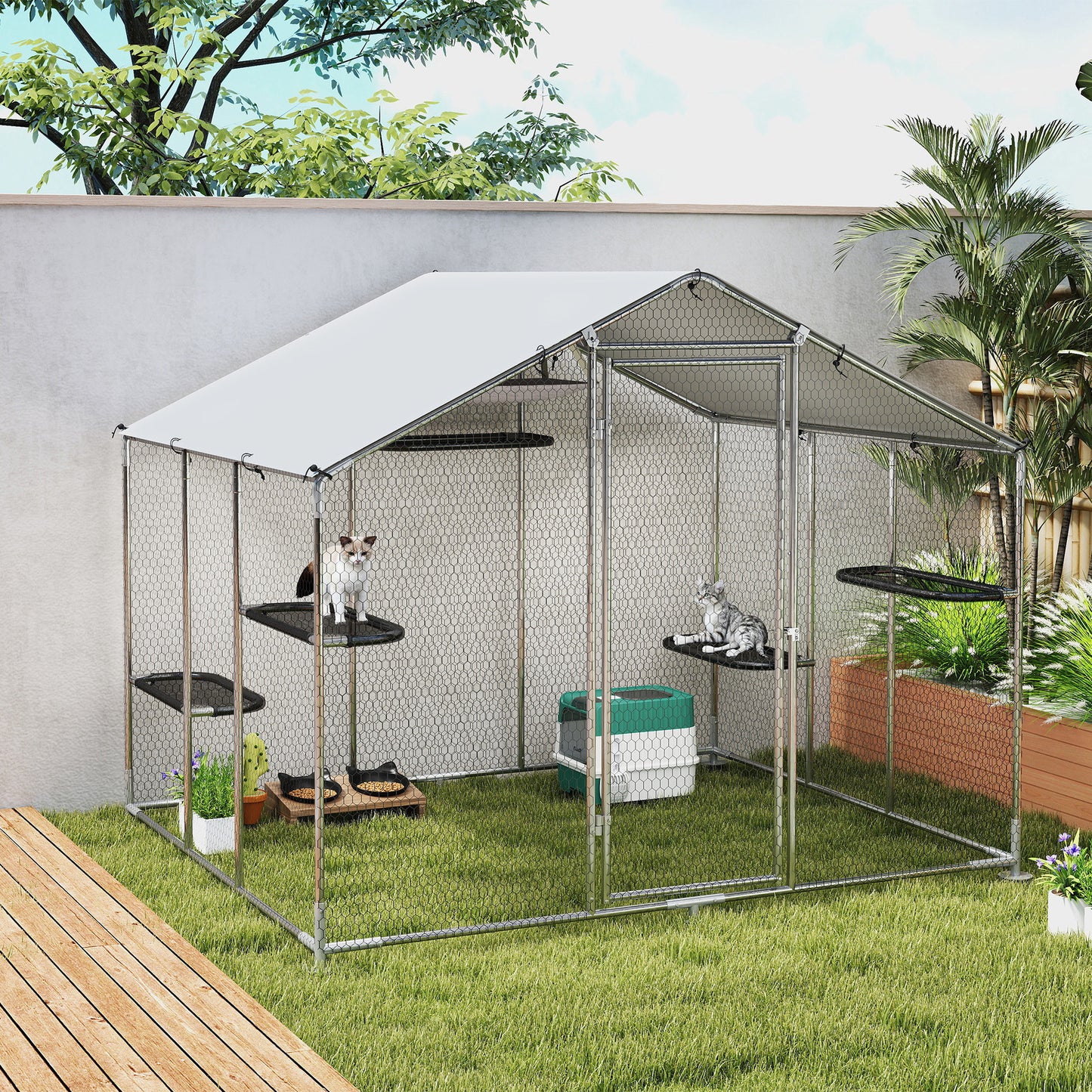 Large Catio Outdoor Cat Enclosure with Waterproof Cover, Walk-in Cat Patio w/ 5 Adjustable Platforms & Hammock 94.5" L