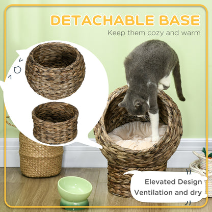 Wicker Cat Bed with Cushion, Stand, for Indoor Cats, Dark Brown