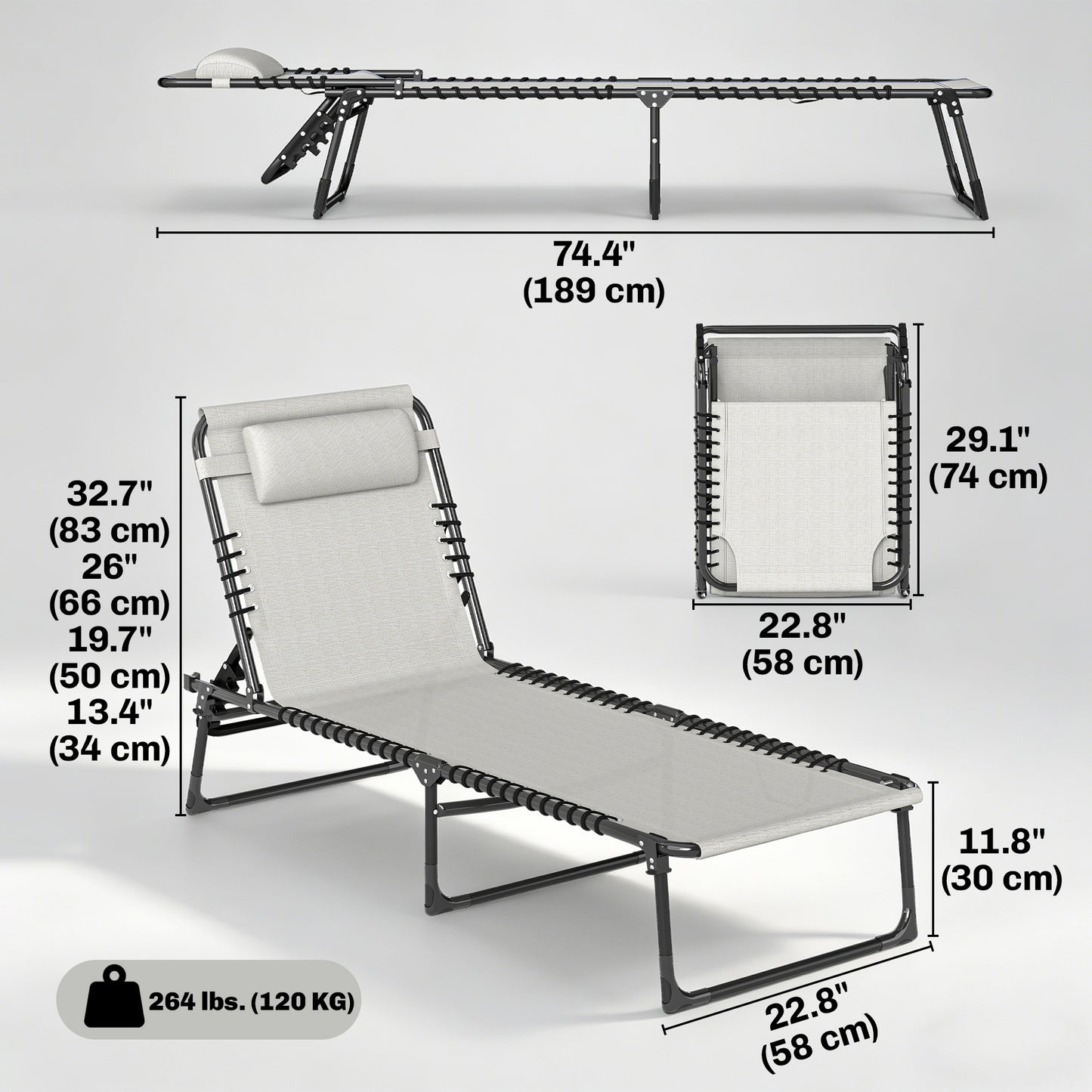 Outdoor Folding Lounge Chair, 4-Level Adjustable Chaise Lounge with Headrest, Tanning Chair Beach Bed, Reclining Lounger Cot for Camping, Hiking, Backyard, Cream