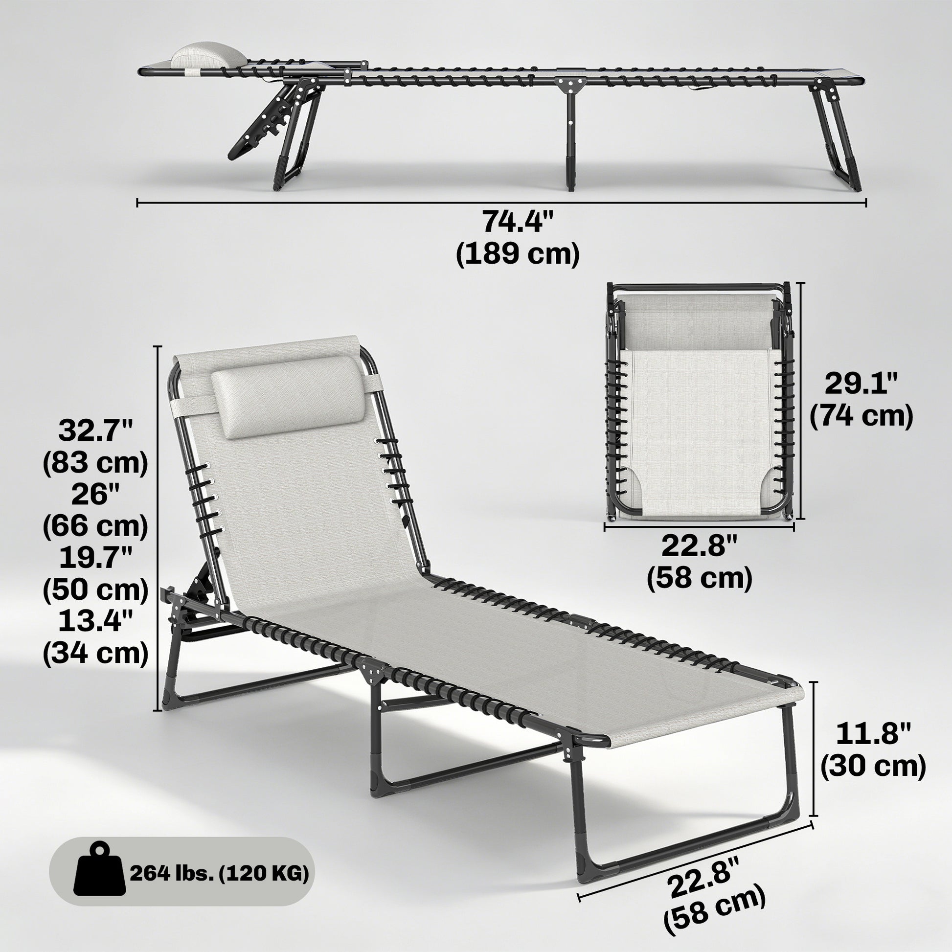 Outdoor Folding Lounge Chair, 4-Level Adjustable Chaise Lounge with Headrest, Tanning Chair Beach Bed, Reclining Lounger Cot for Camping, Hiking, Backyard, Cream