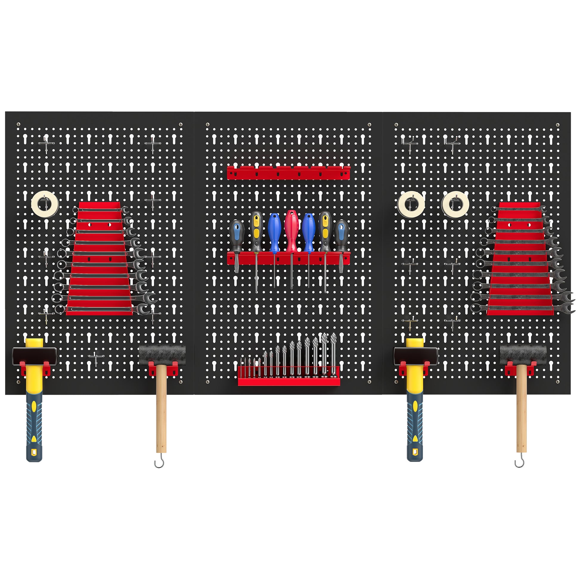 28 Piece Metal Peg Board with Accessories, Shelf Tool Organizer, Black and Red