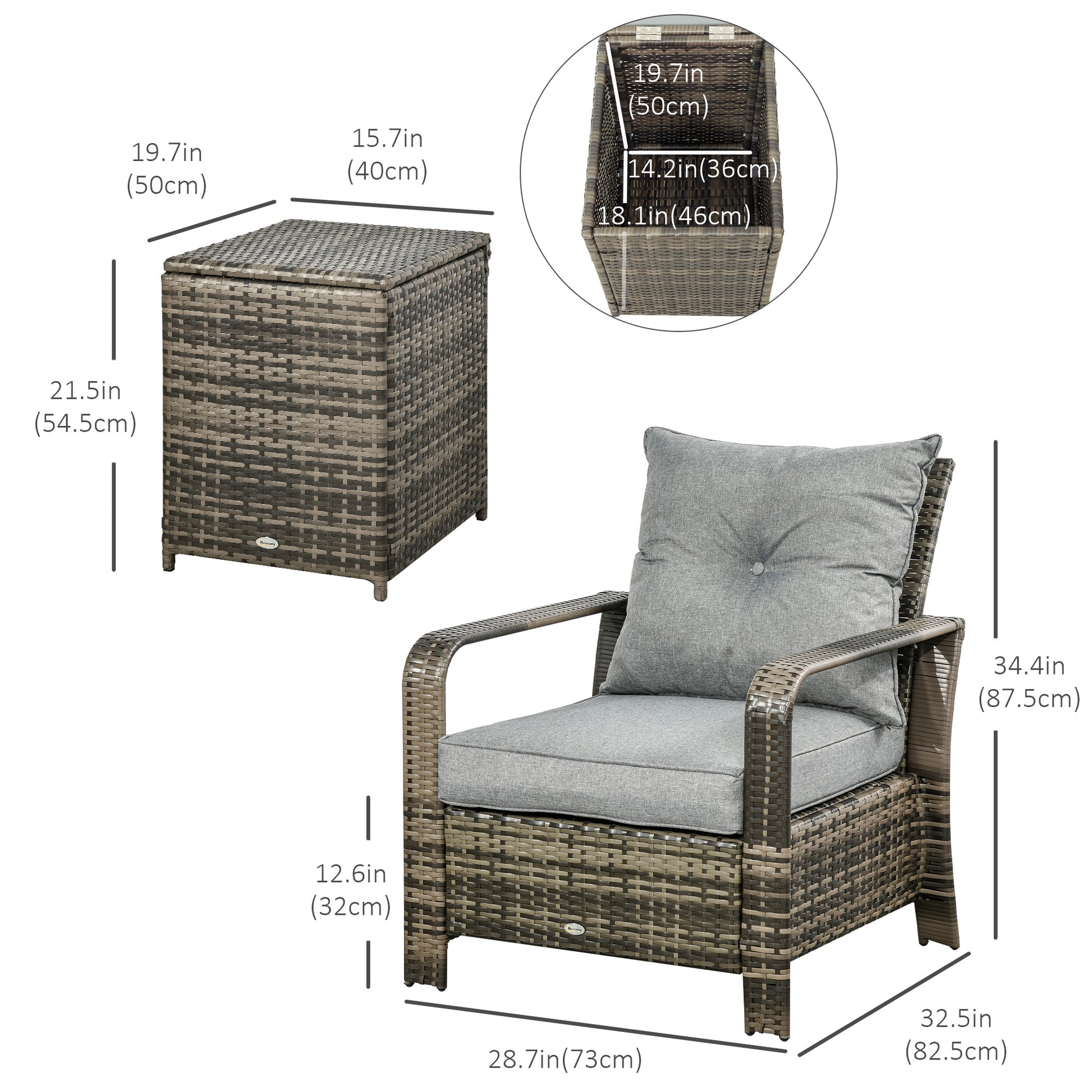 3 Pieces Wicker Patio Furniture Set, Rattan Bistro Set with Storage Coffee Table and Thickened Cushions, Outdoor Conversation Set for Garden, Porch, Balcony, Grey