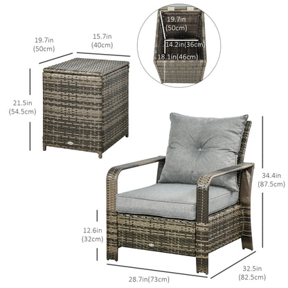 3 Pieces Wicker Patio Furniture Set, Rattan Bistro Set with Storage Coffee Table and Thickened Cushions, Outdoor Conversation Set for Garden, Porch, Balcony, Grey