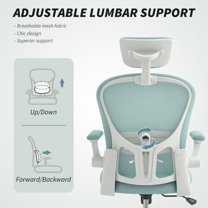 Office Chair, Mesh Computer Desk Chair with Adjustable Headrest, 4D Lumbar Support, Flip-up Arm, Light Green
