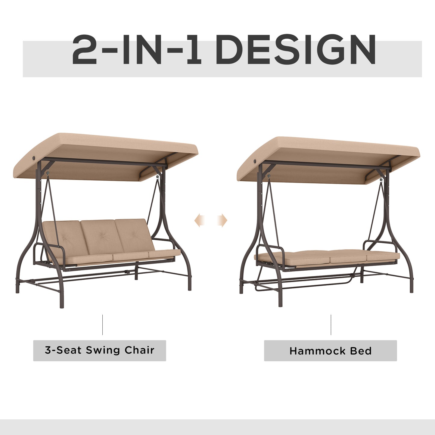 Convertible Patio Swing Bed with Canopy and Cushions, 3 Seater Porch Swing for Outdoor, Backyard, Garden, Khaki