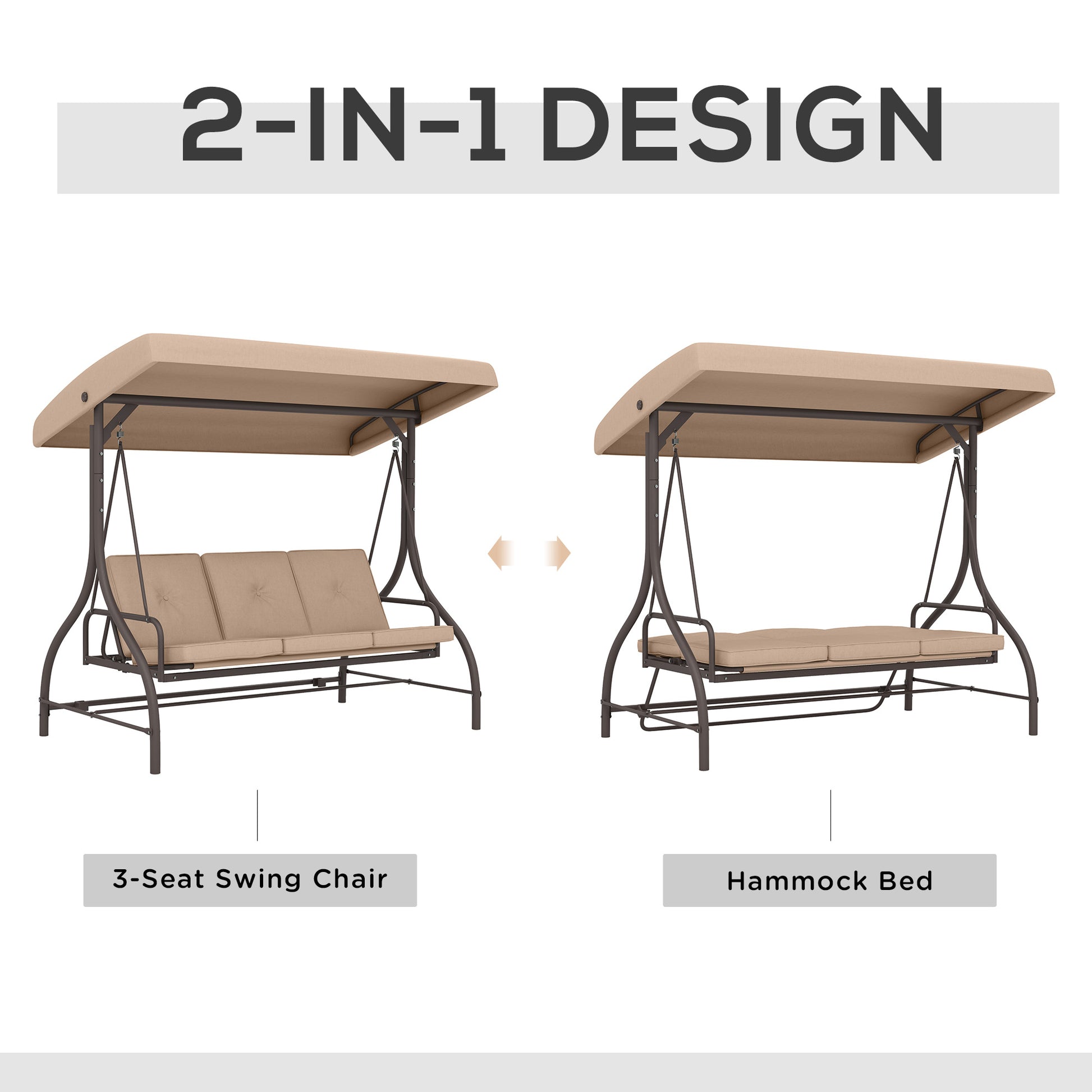 Convertible Patio Swing Bed with Canopy and Cushions, 3 Seater Porch Swing for Outdoor, Backyard, Garden, Khaki