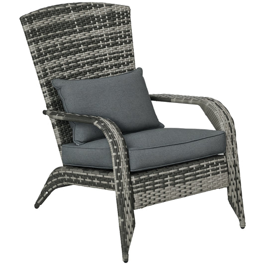 Patio Wicker Adirondack Chair, Outdoor PE Rattan Fire Pit Chair, Muskoka Chair w/ Soft Cushions, Tall Curved Backrest and Comfortable Armrests for Deck Garden, Grey