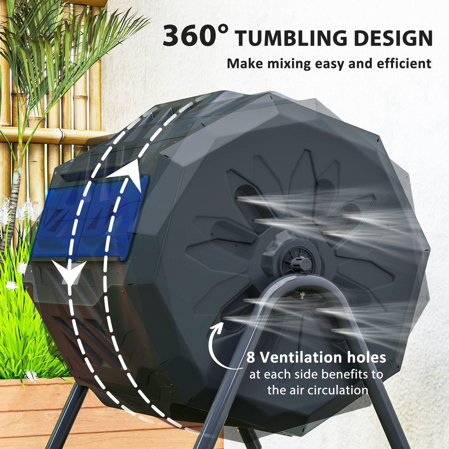 Tumbling Compost Bin Outdoor Dual Chamber 360° Rotating Composter 43 Gallon with Sliding Doors, Blue