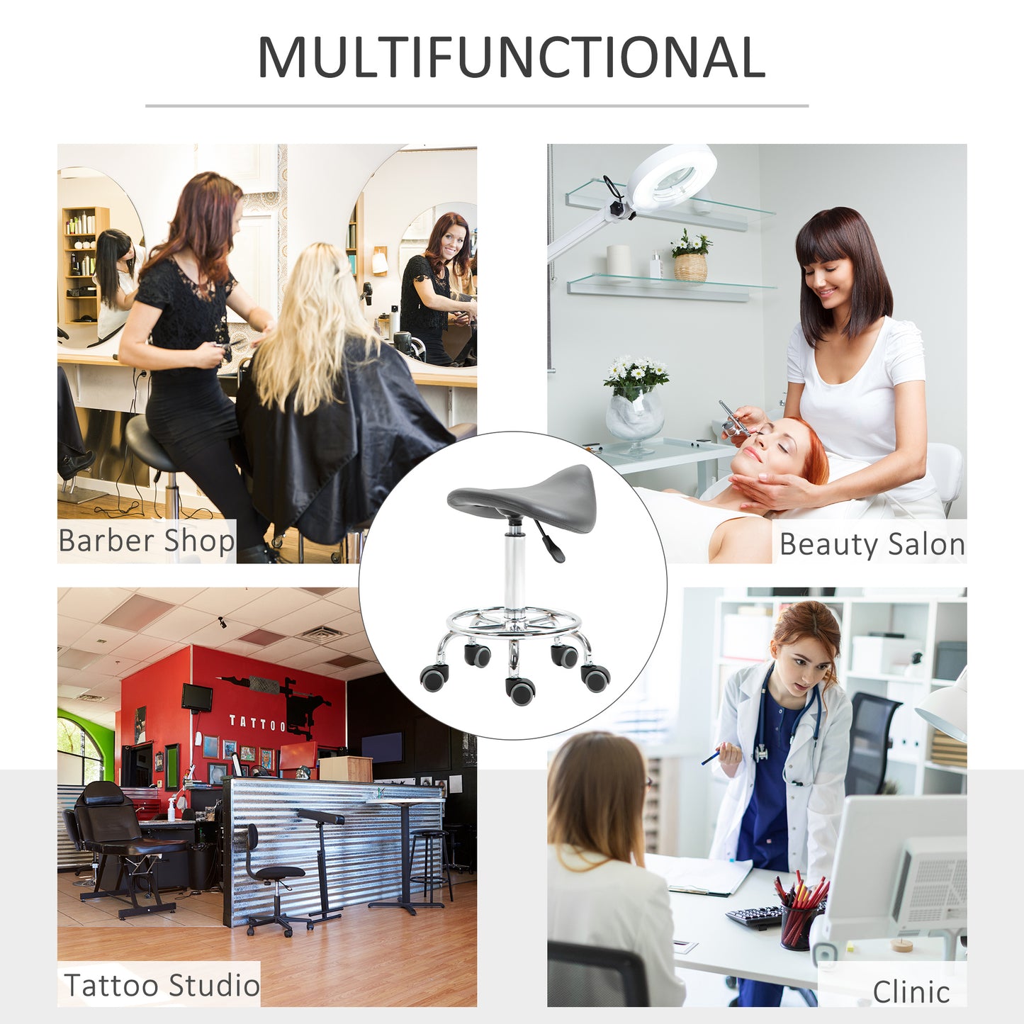 Saddle Stool, PU Leather Adjustable Rolling Salon Chair for Massage, Spa, Clinic, Beauty and Tattoo, Grey