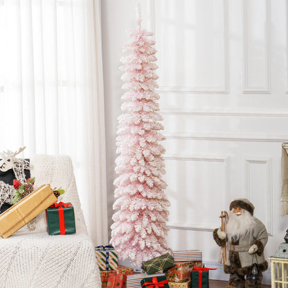 6ft Snow-Flocked Artificial Christmas Tree, Slim Pencil Xmas Tree with 395 Realistic Branches, Metal Base, Pink