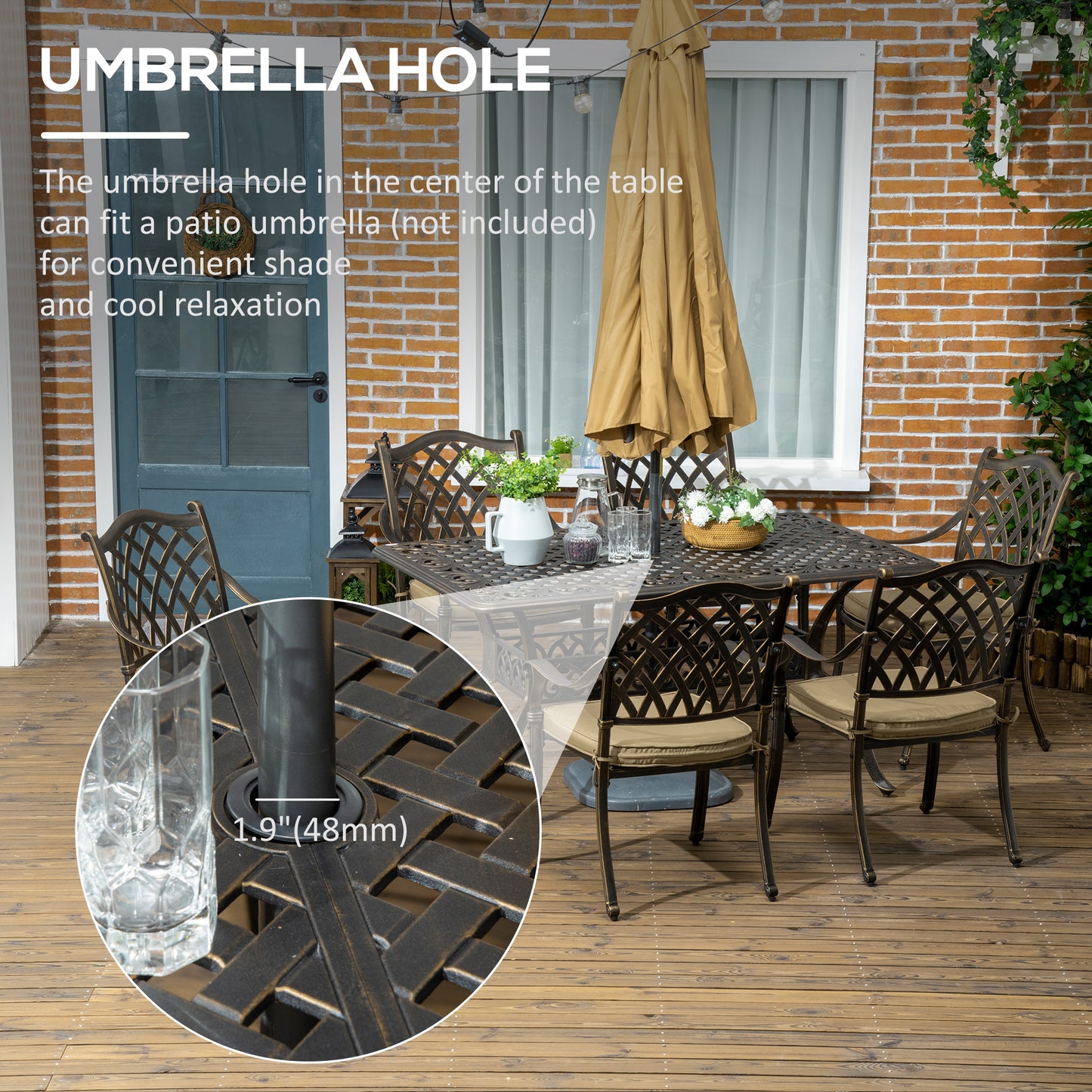 7 Pieces Patio Dining Set with Umbrella Hole, Cast Aluminum Outdoor Patio Furniture Set with 6 Cushioned Chairs and Rectangle Dining Table, for Garden, Lawn, Deck, Khaki