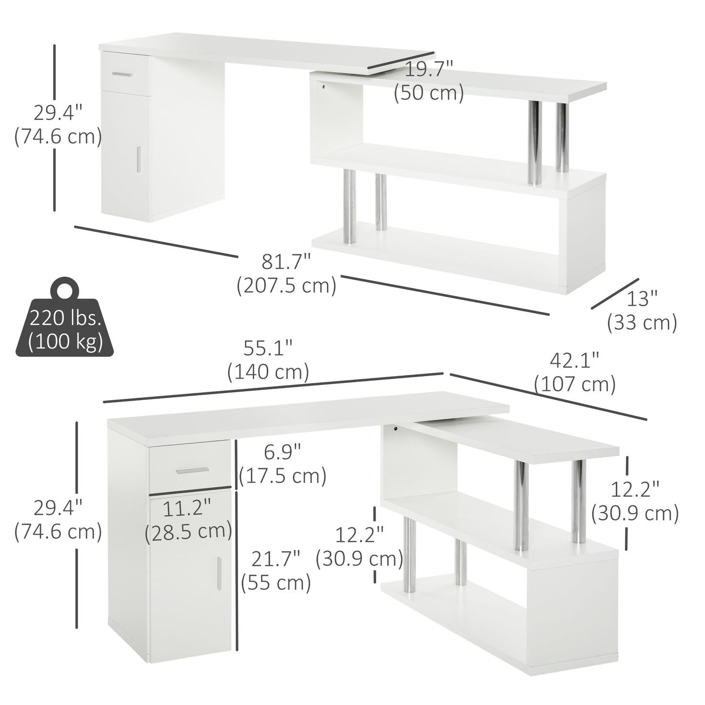 L-Shaped Rotating Computer Desk Home Office Study Workstation with Storage Shelves, Cabinet and Drawer for Home & Office, White