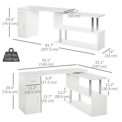 L-Shaped Rotating Computer Desk Home Office Study Workstation with Storage Shelves, Cabinet and Drawer for Home & Office, White