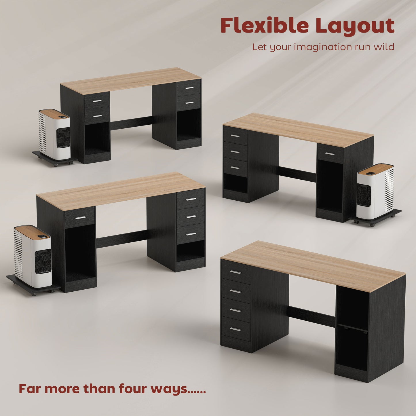 Office Desk, 55" Computer Desk with 4 Reversible Drawers, Mobile PC Stand, Adjustable Shelf, Black Wood Grain