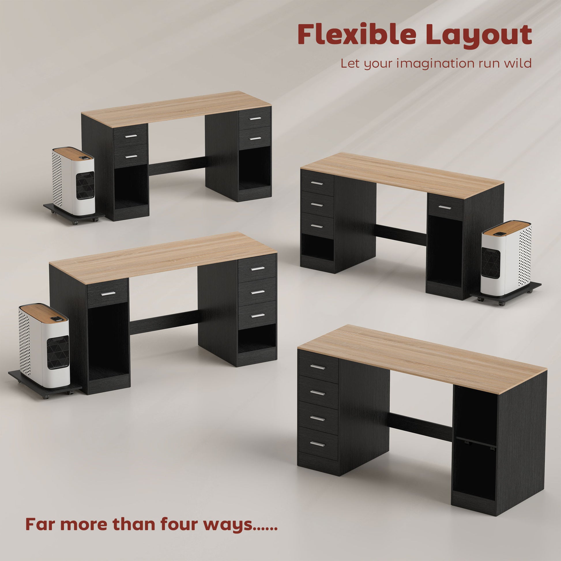 Office Desk, 55" Computer Desk with 4 Reversible Drawers, Mobile PC Stand, Adjustable Shelf, Black Wood Grain